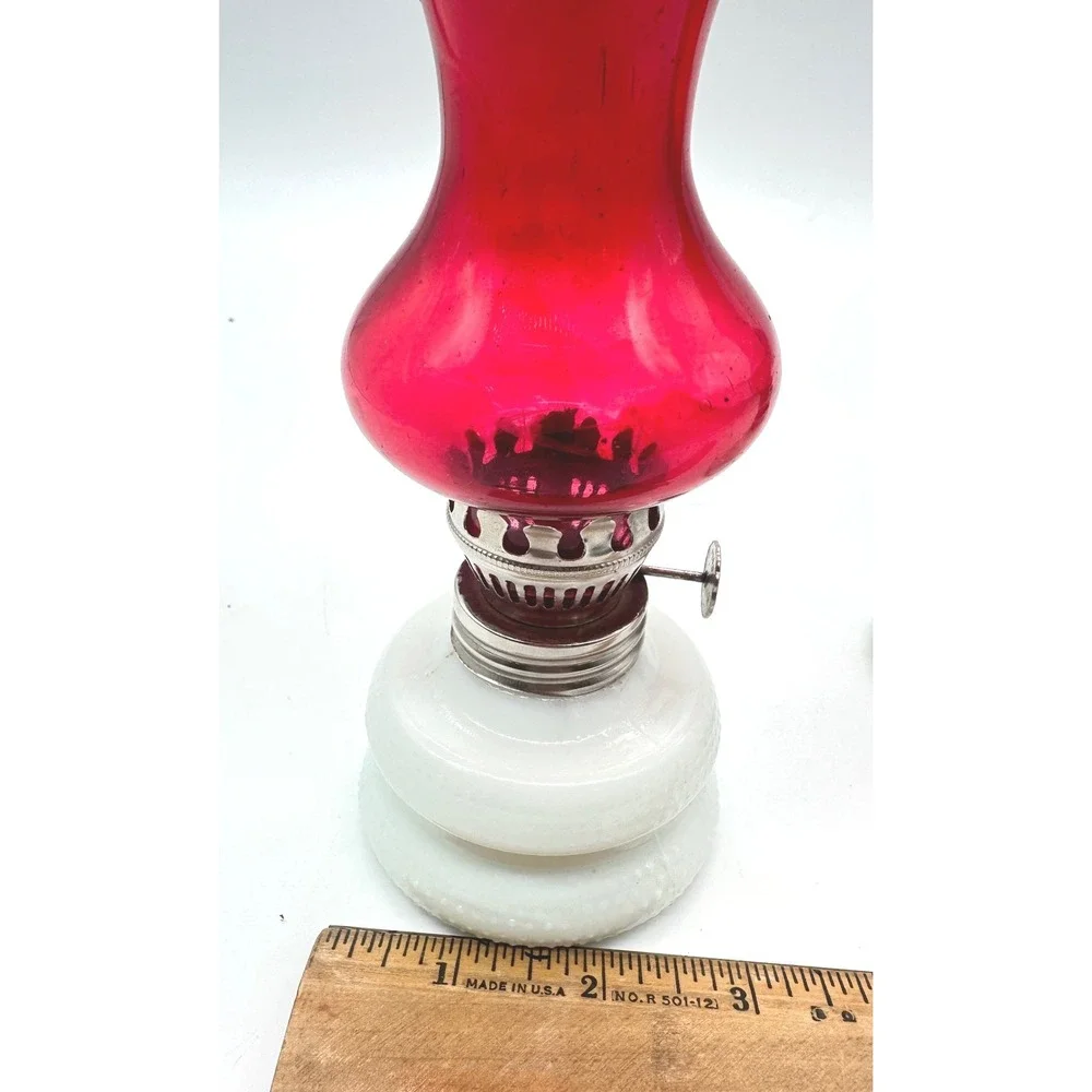 Vintage Miniature Oil Lamps Pair Ruby Red Fenton Style Milk Glass Hobnail 6.5
